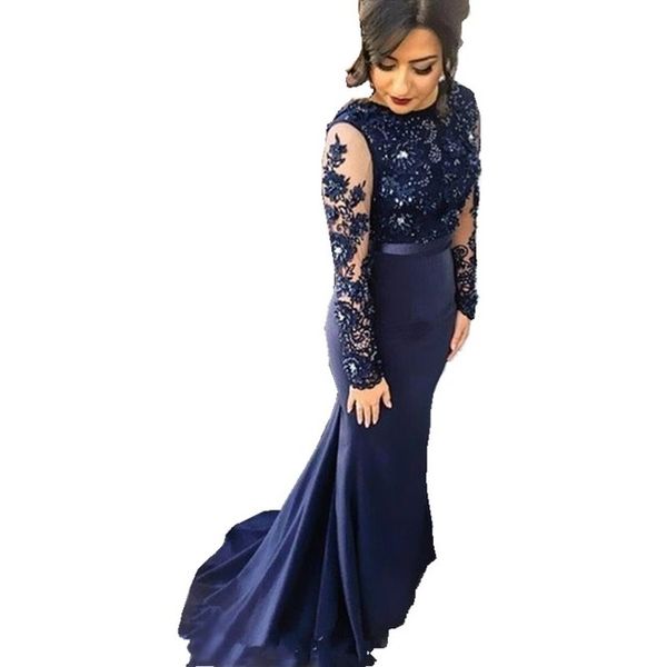 2018 navy blue high neck lace mermaid party gowns long sleeves appliqued party gowns evening formal celebrity dresses bq48, Black;red